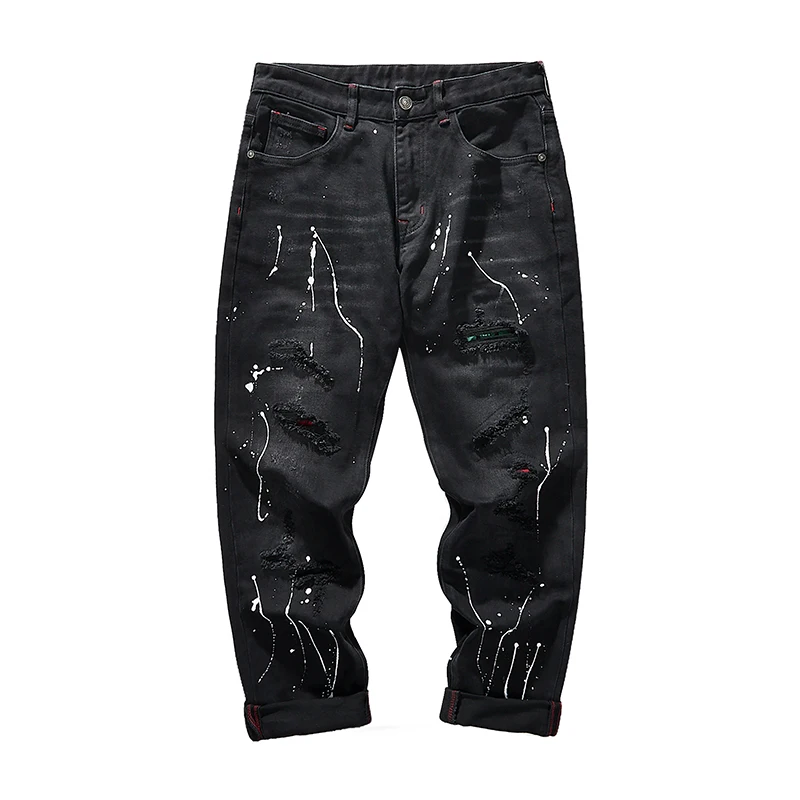 

Персонализированные черные узкие джинсы с распылением, эластичные хлопковые узкие брюки, корейские модные рваные молодежные джинсовые брюки с маленькой ножкой
