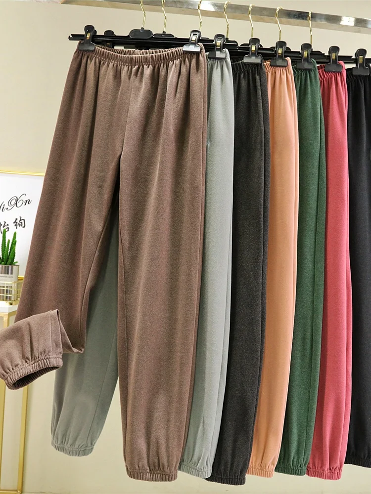 Autumn Winter Thin Fleece Lined Casual Pants Women Loose Slim Fit Home Clothes Long Pants High Waist Polyester Spandex Blend
