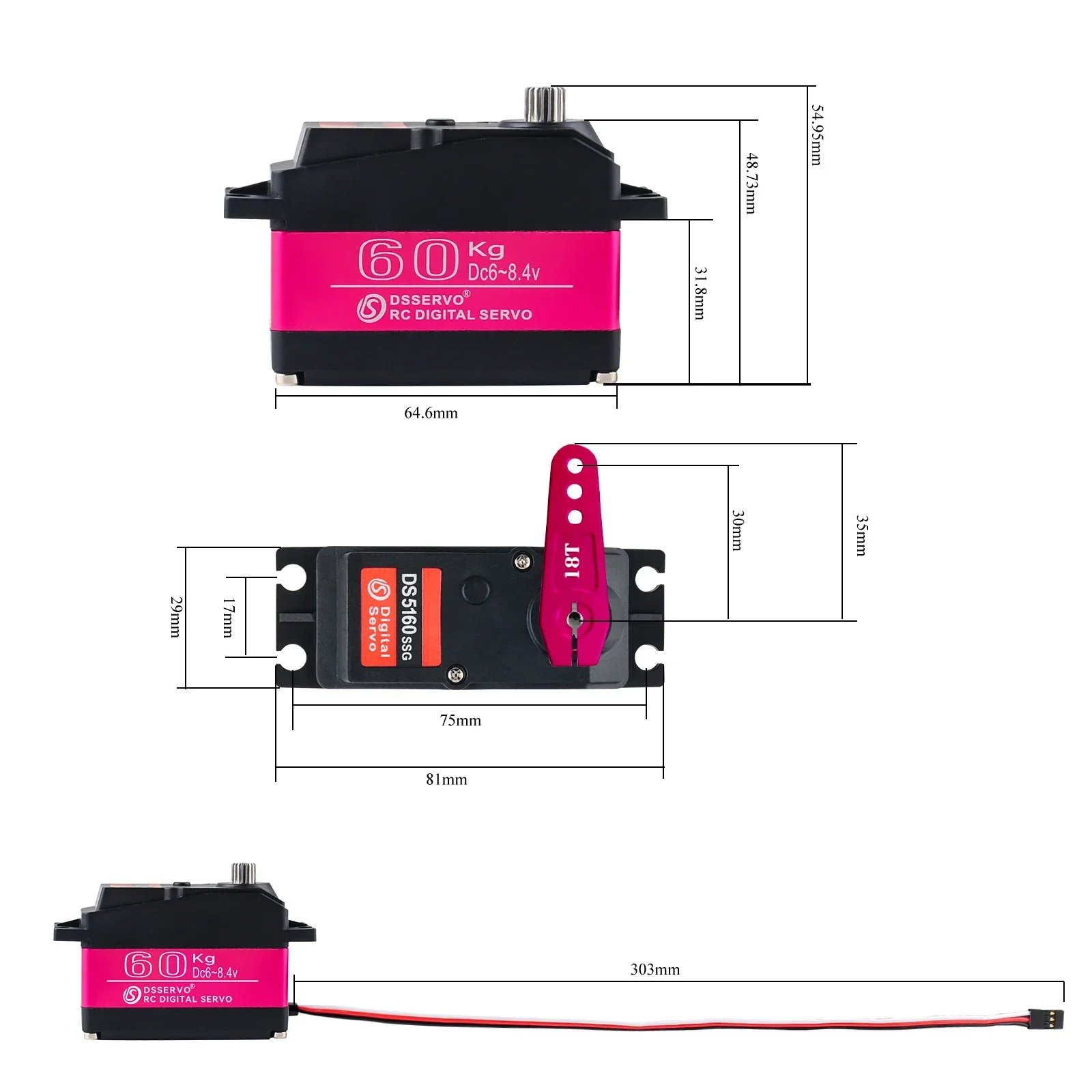 DS5160 60 kg RC-Servomotor, hohes Drehmoment, digital, wasserdicht, 180 270 Grad, Metallgetriebe, 18 Zähne, Armhorn für Redcat Baja 1/5 Autos, Roboter