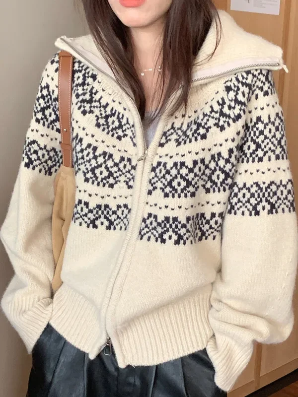 

Women's Autumn Winter Soft Plump High Collar Knitted Open Cardigan Retro Zipper Door Knit Sweater Coat