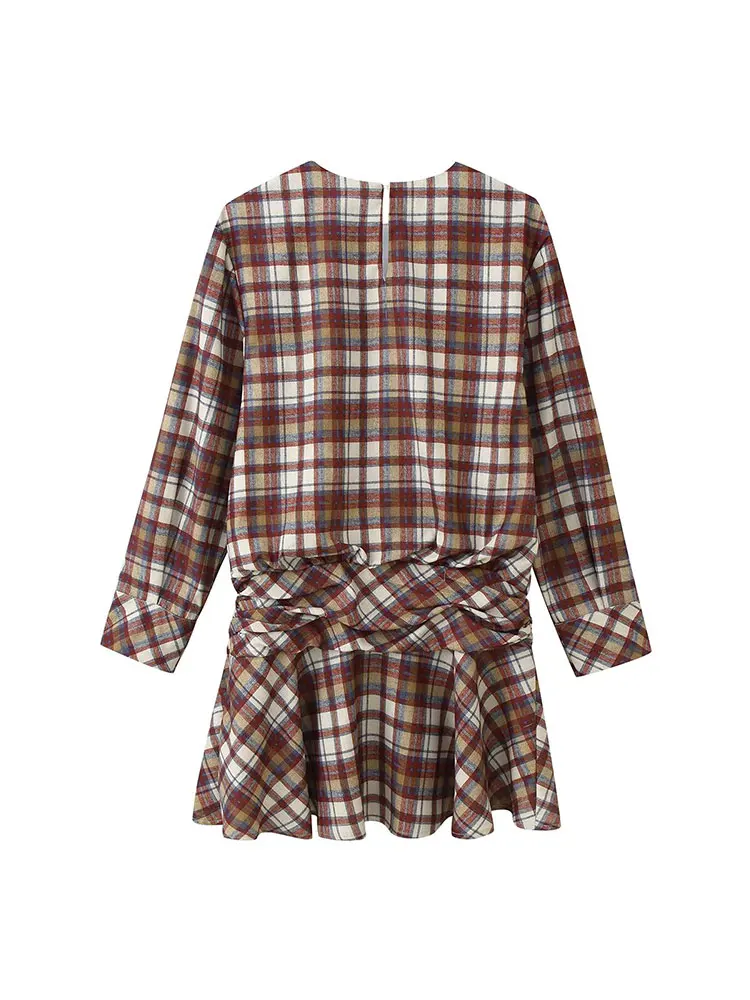 Nlzgmsj 2025 가을 여성 시크 엘레강트 체크무늬 드레스 긴 소매 O넥 주름 슬림 미니 드레스 Y2K