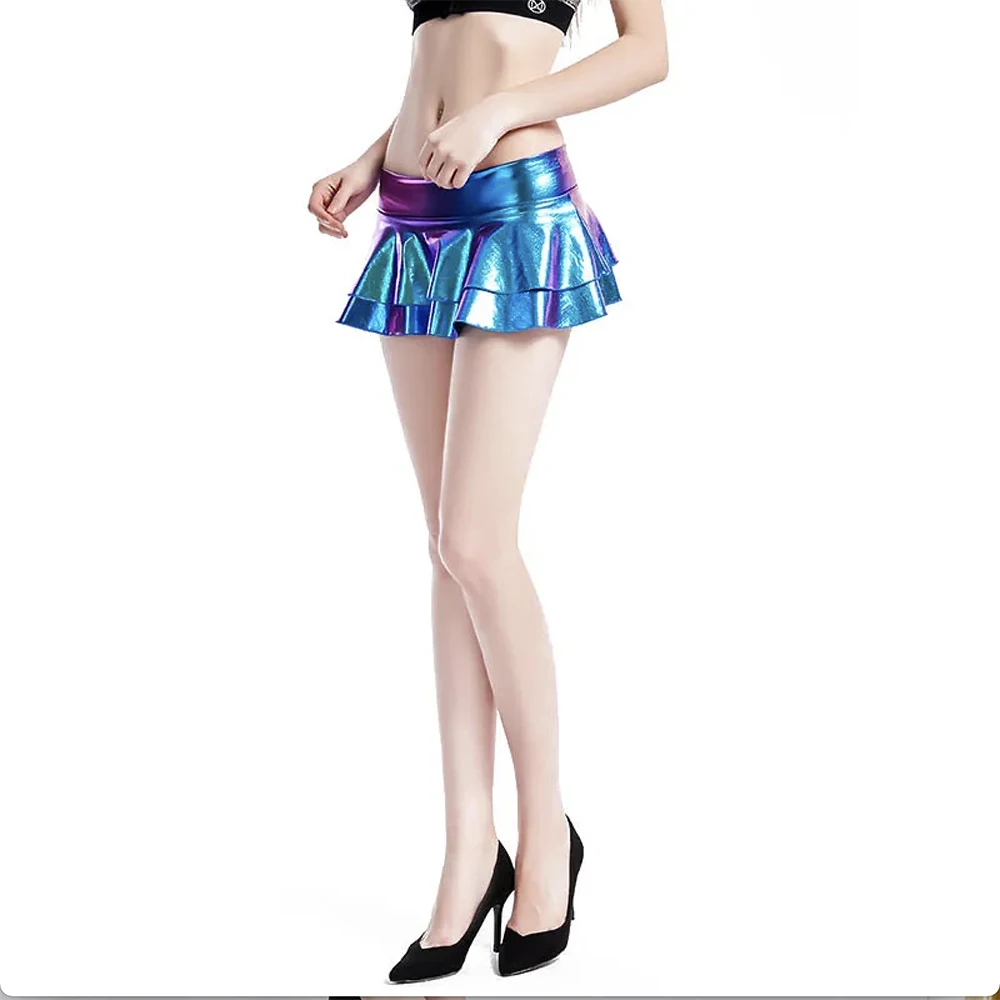 Women Skirt Holographic Shiny Metallic Double Layered Ruffled Mini Skirt Carnival Sexy Pole Dance Raves Festivals Club Costumes