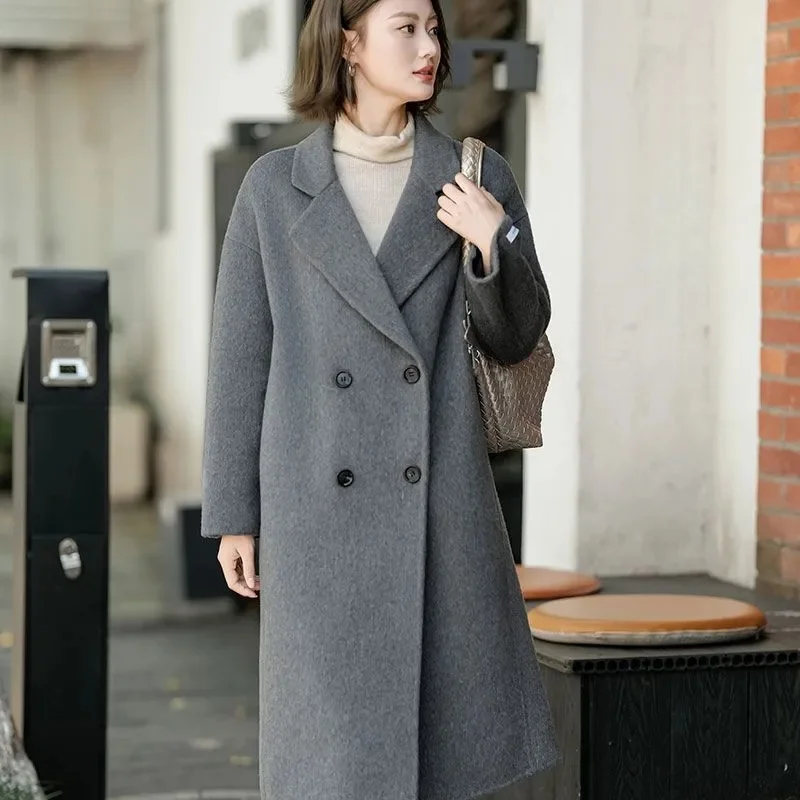 

Fashion Double-sided Cashmere Coat Women's Long Wool Overcoat Autumn Winter Double-breasted Thicken Woolen Outerwear Casual Lady