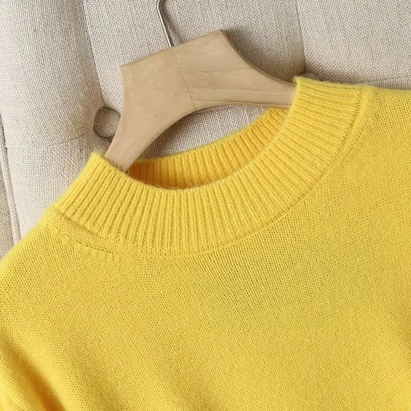 Maxdutti French Fashion Sweaters Elegant Yellow Color Round Neck Wool Sweaters Women Winter Pullovers Tops