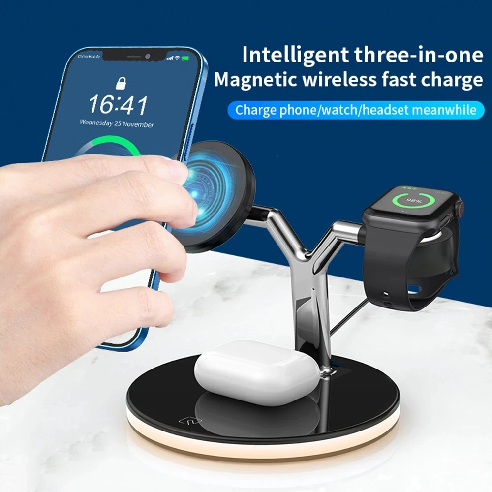 3 in 1 Magnetic Wireless Charger Stand for iPhone 15 12 13 14 Mini Pro Max Apple iWatch Airpods 15W Fast Charging Dock Station