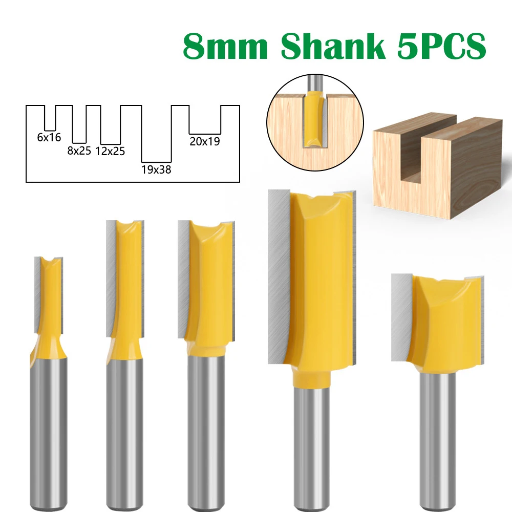 5PCS 8MM Shank Milling Cutter Wood Carving Straight Woodworking Router Bit Set Carpenter Milling 6/8/12/19/20mm Cutting Diameter