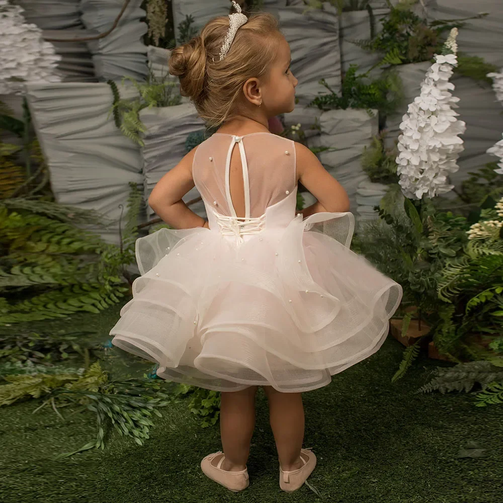 Children Party Ceremony Gowns Flower Girl Dress O Neck Tulle Spaghetti Strap Knee Length for Weddings Communion Dresses