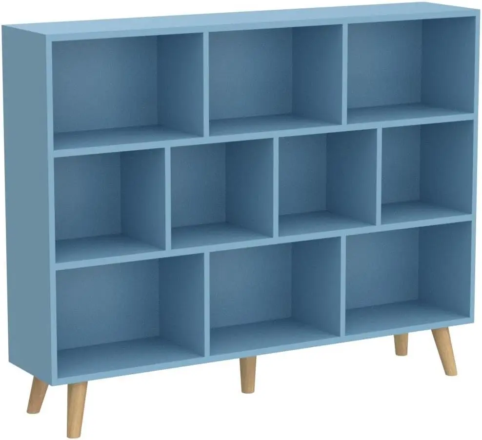 

Children's Bookcase- Wooden 3-Tier Floor Standing Display Cabinet Organizer,5Cubes Short Horizontal Bookshelf in Blue