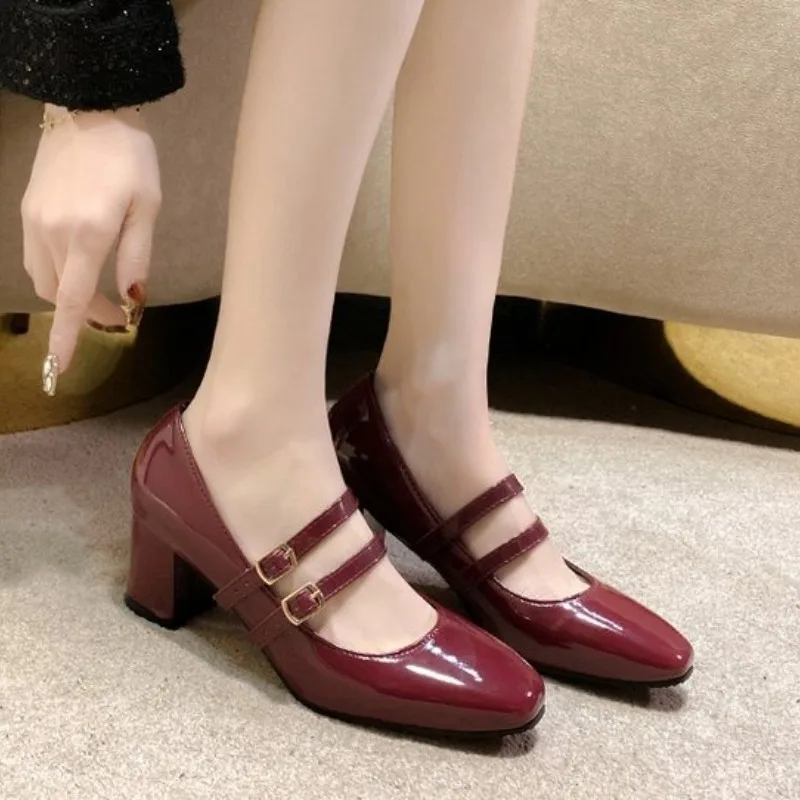 

Spring 2026 New Style Matte Leather Artistic Retro Mary Jane Single Shoes Medium and High Heel Chunky Heel Square Toe Shoes