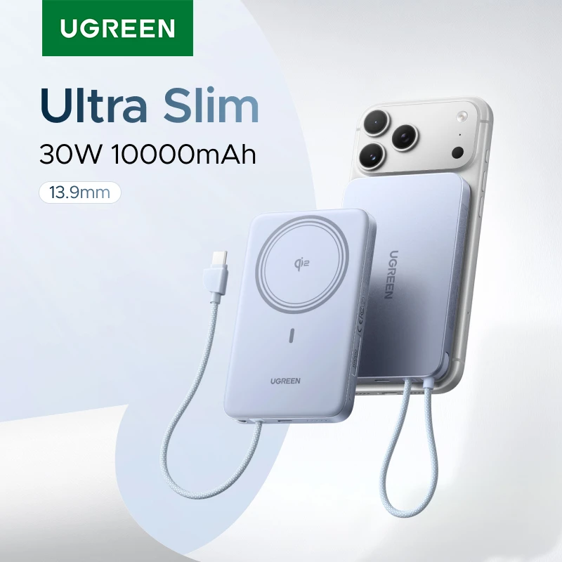 UGREEN Ultra Slim 30W 10000mAh Power Bank z magnetycznym ładowaniem bezprzewodowym i wbudowanym kablem, PowerBank kompatybilny z MagSafe dla iPhone 17 Pro Max