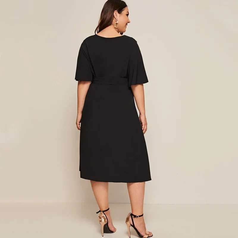 Plus Size Tie Front Elegant Summer Dress Women Ruffle Sleeve Sashes Midi Dress Lace Patchwork Loose Casual Dress Large Size 6XL