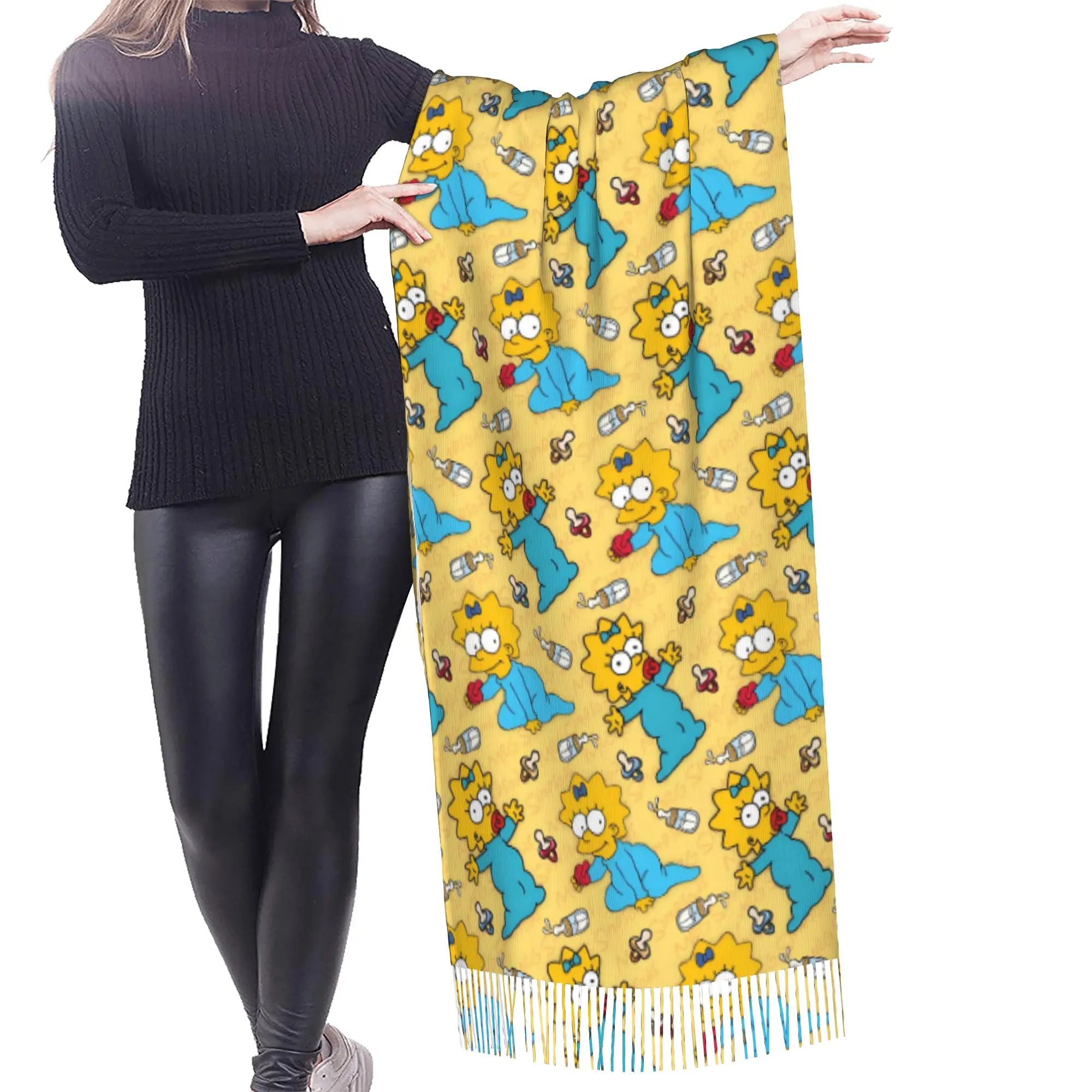 Custom Ladies Long S-Simpsonsed Anime Scarves Women Winter Fall Soft Warm Tassel Shawl Wraps Homer Cartoon Scarf