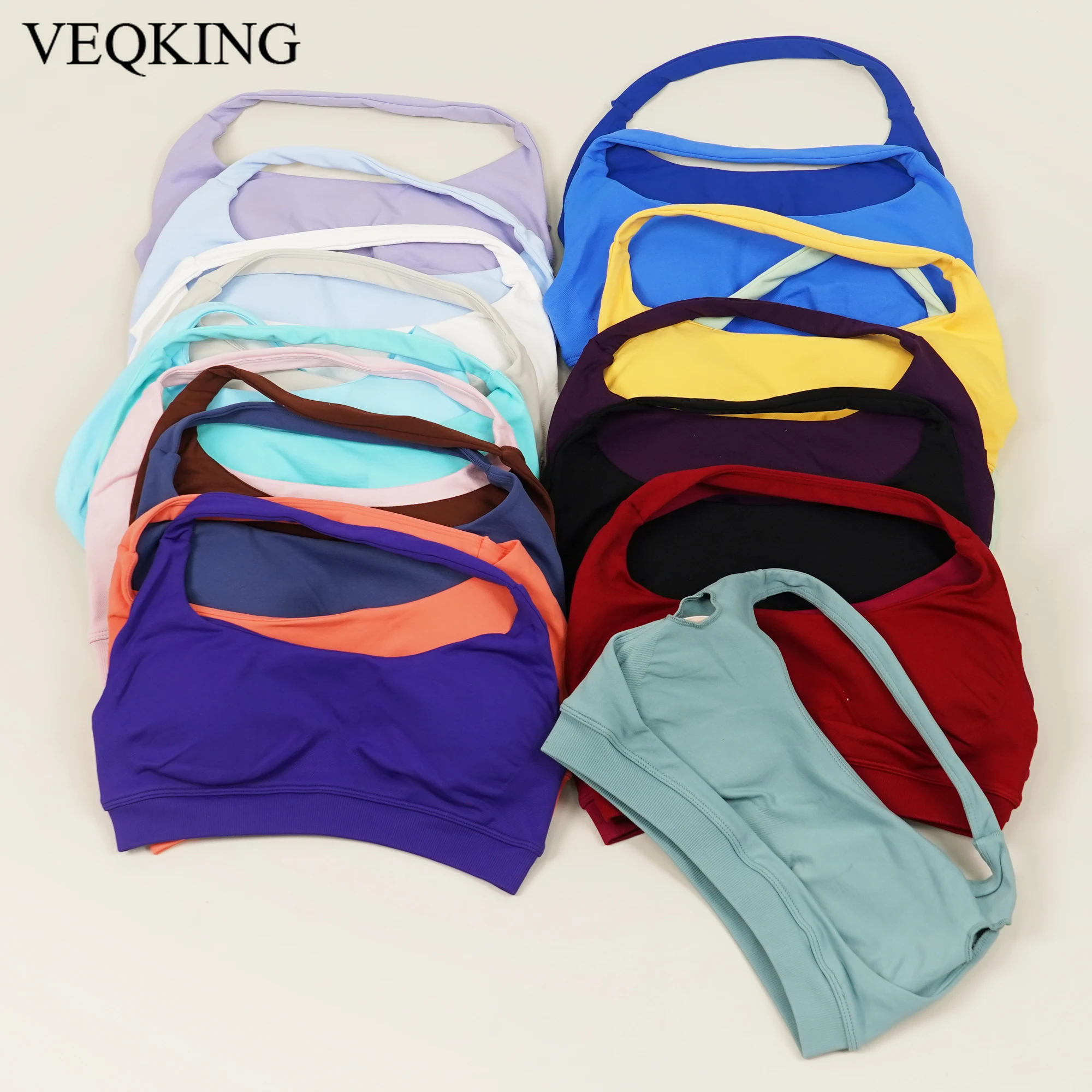 

VEQKING Seamless High Support Sports Bras for Women Open Back Yoga Halters Quick Dry Crop Tops with Pads Gym Workout Tops