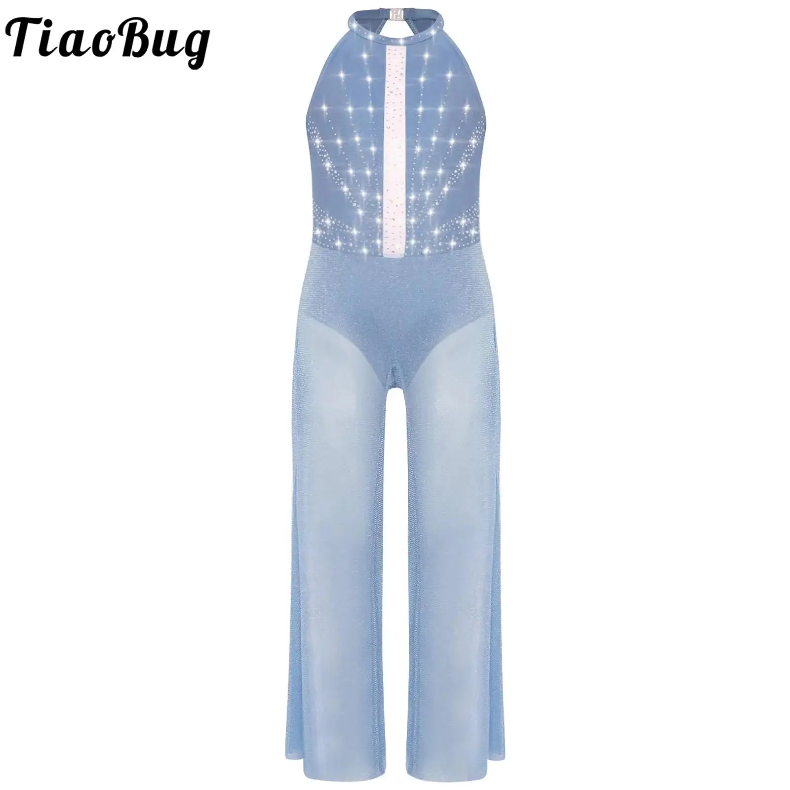 

Girls Rhinestones Shimmery Jumpsuit Gymnastic Ballet Dancewear Sleeveless Wide-Leg One-piece Dance Modern Contemporary Costume
