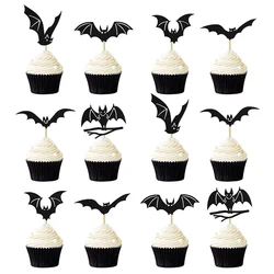 12/24Pcs Halloween Bat Cupcake Toppers Mixed Black Bat Cupcake Pick Flags Kids Halloween Birthday Party Cake Decoration Supplies
