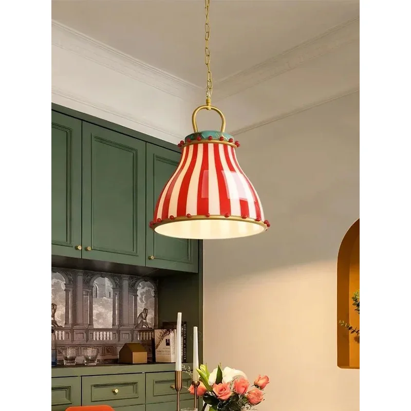 White Striped Pendant Light with Gold Trim for Kids Room Kitchen Island Bedroom Home Decor