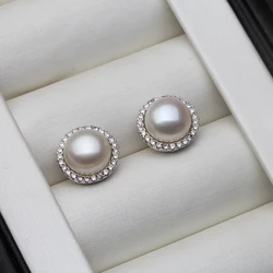 Pendientes de perlas de agua dulce blancas naturales para boda, plata 925 para mujer, bonitos pendientes redondos nupciales a la moda, regalo de fiesta, joyería fina