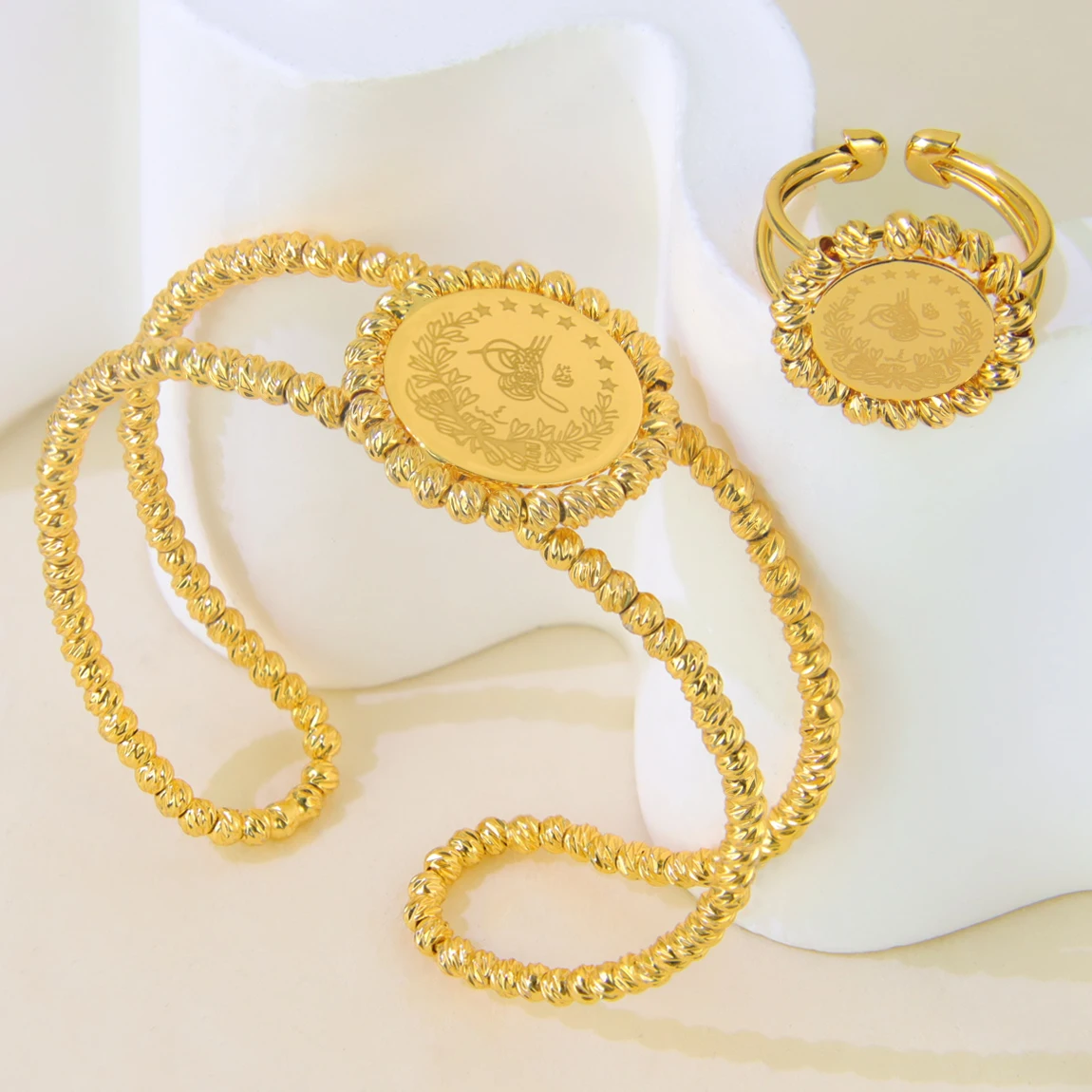 Arabisches Mode-Münzschmuckset 21k Vergoldet Türkische Vintage-Armreifen Ringe Kurdischer Brautschmuck für Frauen Vintage-Partyschmuck – Detail 8