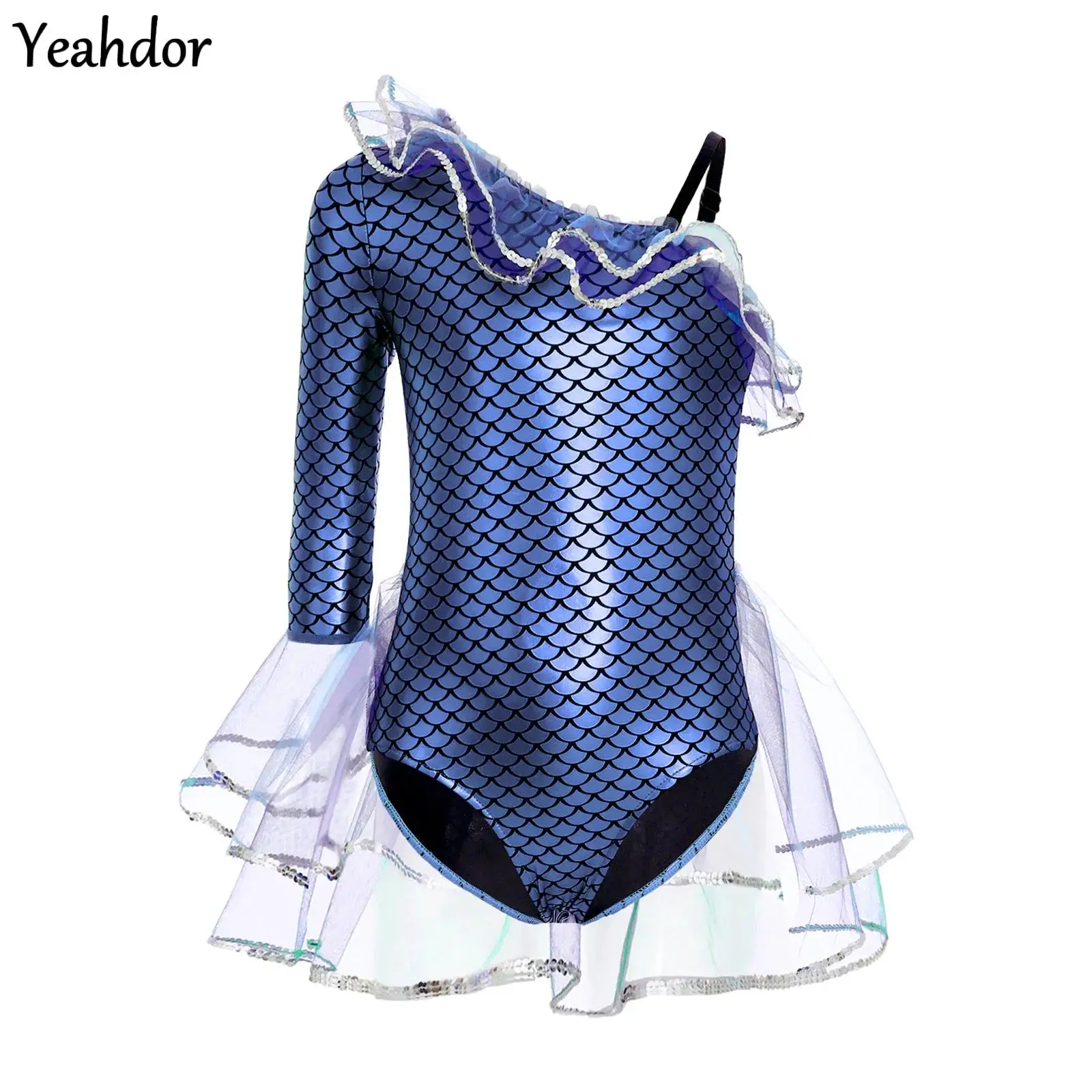 

Girls Halloween Mermaid Cosplay Jumpsuit Metallic Fish Scale Print Leotard Bodysuit One Shoulder Sleeve Ruffled Mesh Tutu Skirts