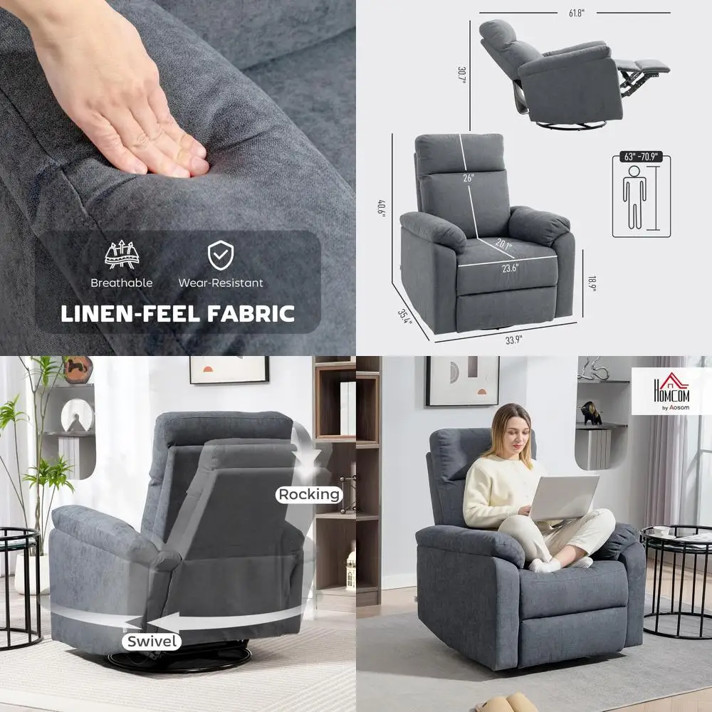 

Серое тканевое кресло-реклайнер с поворотным механизмом для гостиной и спальни, быстрая сборка