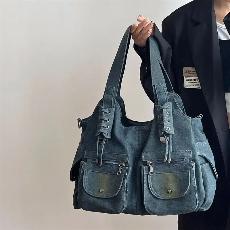 Miyagawa Fashion Vintage Spicy Girl Jeans Tote Bag Women 2023 New Large Capacity Denim Casual Shoulder Bag