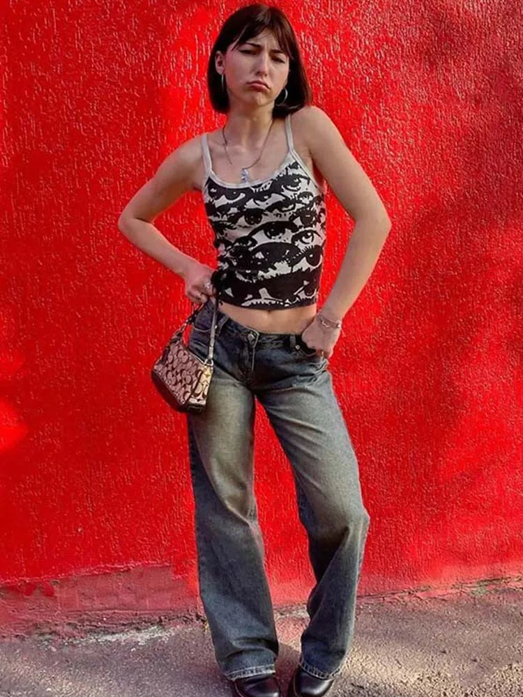 T-shirt con stampa ritratto gotico Estetica Y2K Crop Top Gilet a maniche corte Tees Harajuku Streetwear Bretelle bianche Abbigliamento donna