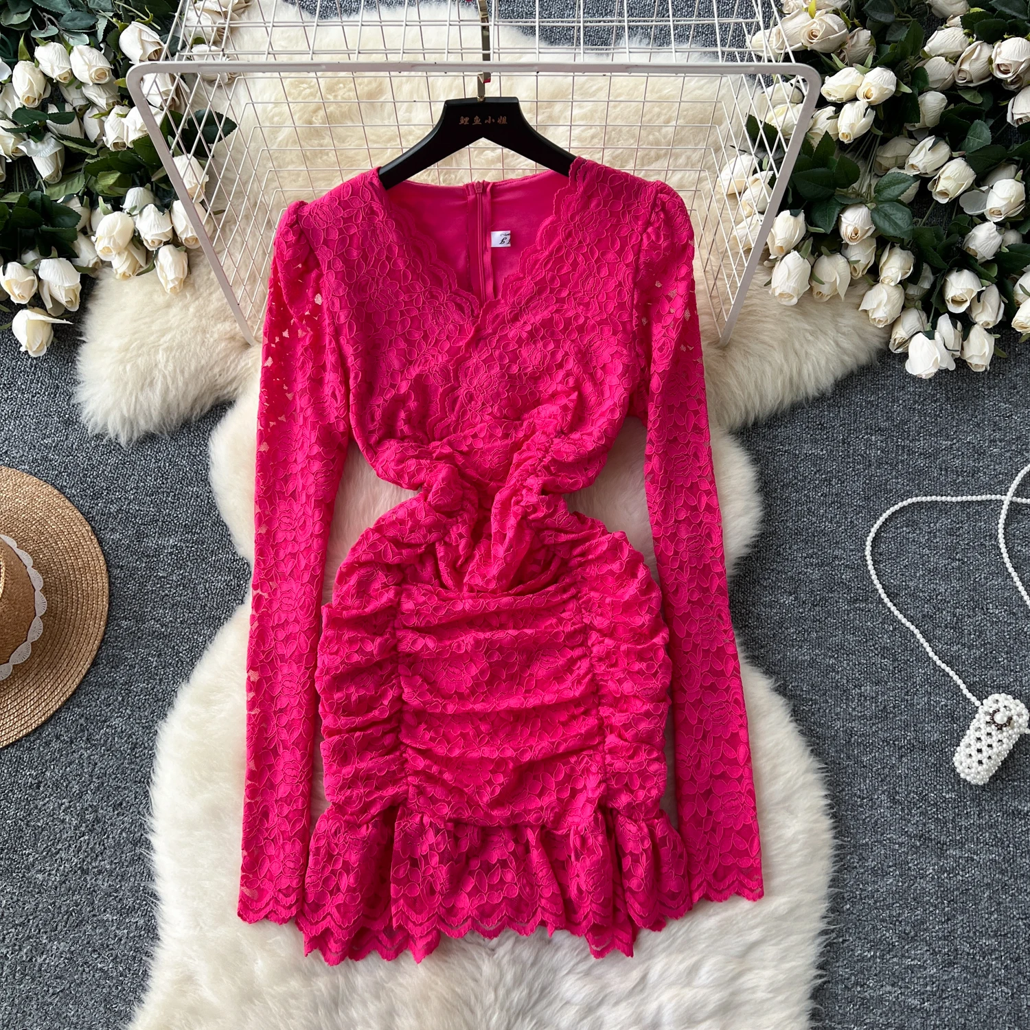 Elegant V-neck Vintage Long Sleeve Chic Lace Slim Pleated Short Pencil Dress French Fashion Evening High Street Autumn Clothing