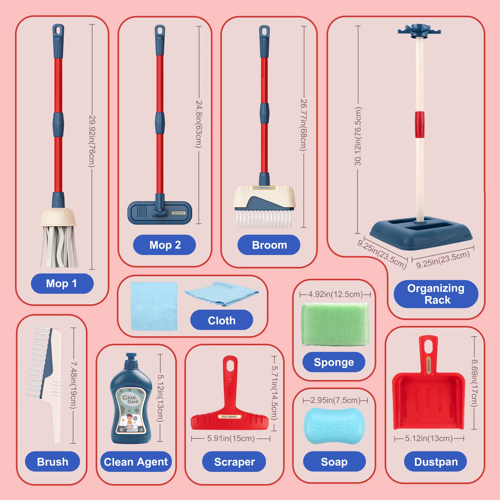 11pcs/set Kids Simulation Life Cleaning Toys Pretend Play Hygiene cleaning Set with Bracket Play House Toys for Boys&Girls Gifts