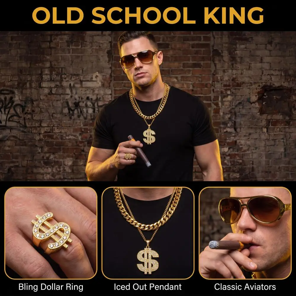 Kit de Disfraz de Rapero Hip Hop de los 80s y 90s - Cadena Cubana Dorada, Collar con Colgante de Signo de Dólar, Anillo, Gafas de Sol, Cigarro Falso, Accesorios para Hombres y Mujeres
