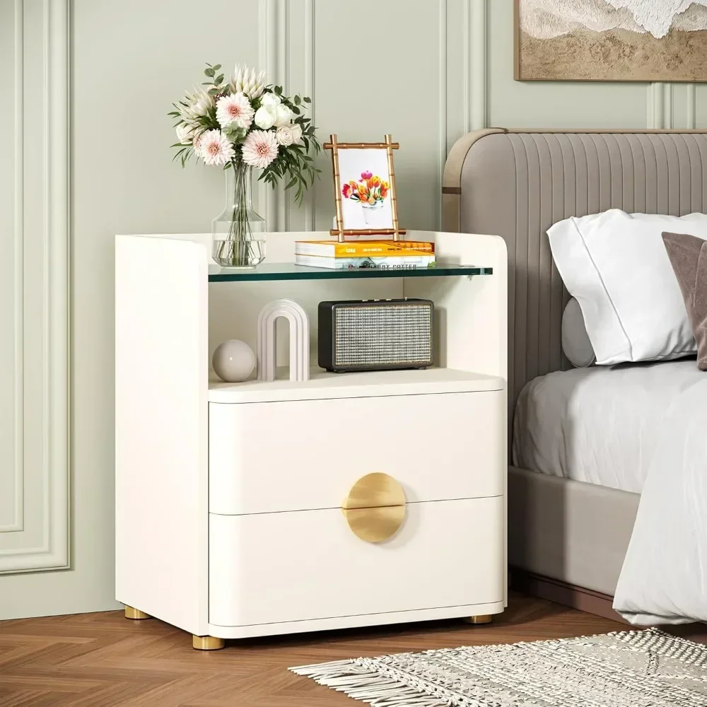 

Nightstand with 2 Drawers, Modern Nightstand with Open Storage Shelf, White Bed Side Table for Bedroom, Tempered Glasses