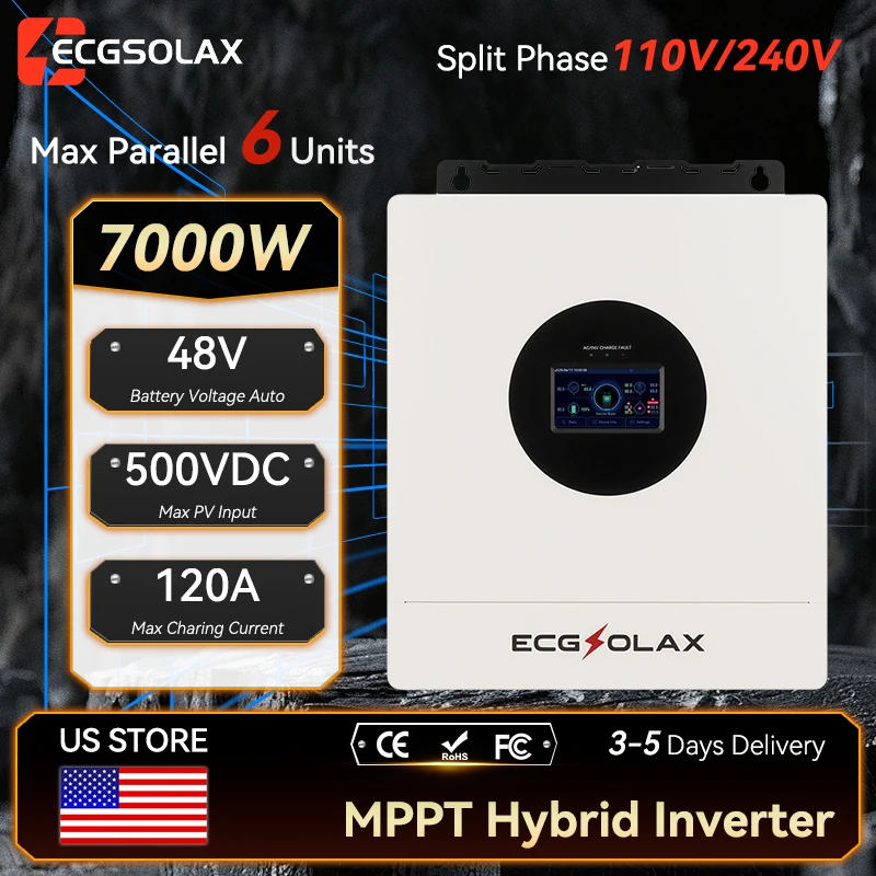 ECGSOLAX 7KW Hybrid Solar Inverter Split-Phase 120V-240V 48V Pure Sine Wave Hybrid Inverter With MPPT 120A Charger Built in WIFI