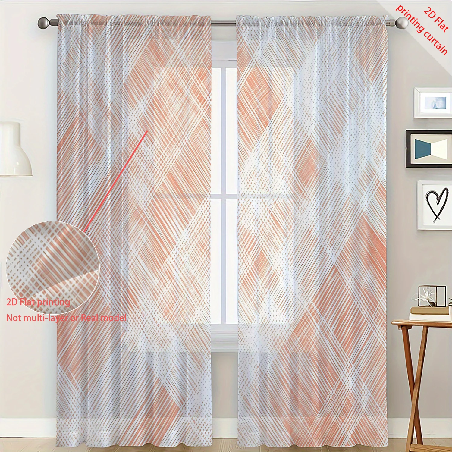 2 Pieces HD Digital Orange geometric lines Printed Window Screen Home Decor Style Decoration Living Room Bedroom Rod