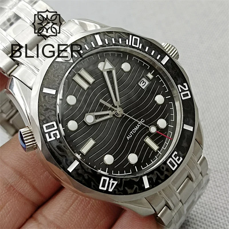 

BLIGER 41mm Mechancial Watch For Men Sapphire Glass NH35A MIYOTA PT5000 Movement Steel Bracelet Carbon Fiber Bezel Date Function