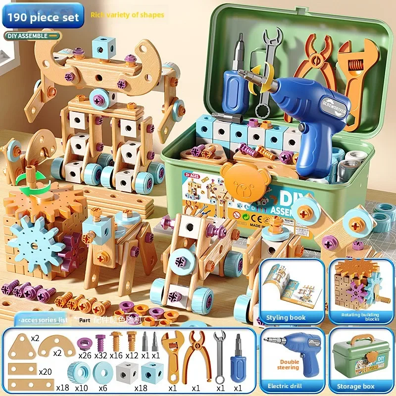 Childrens Tool Set DIY Assembly Electric Drill Screwdriver Nut Building Blocks STEM Educational Montessori Toys Girl Boys Gifts