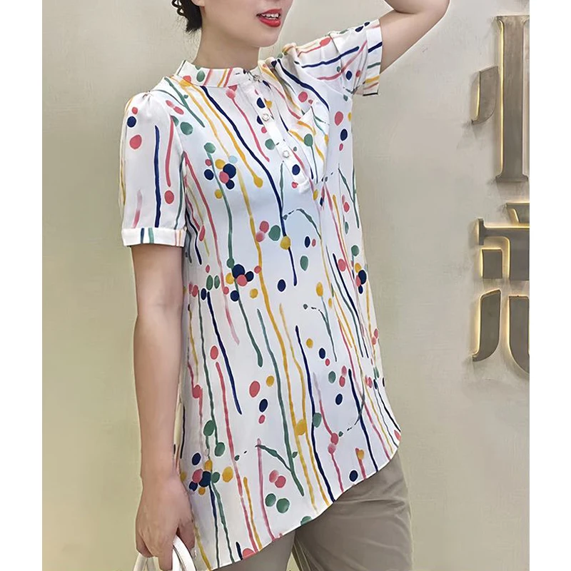 2024 Summer Women Stylish Print Button Up Shirt Elegant Casual O Neck Short Sleeve Blouse Ladies Loose Tunic Tops Chiffon Blusas