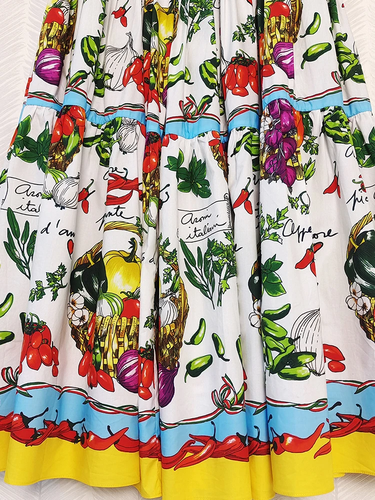 AELESEEN Women 100% Cotton Skirt 2022 Runway Fashion Sicilian Colorful Vegetables Printed Elegant Long Party Holiday Poplin