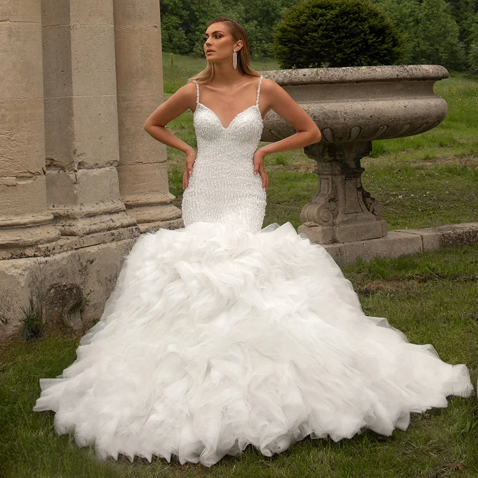 Customized White Spaghetti Strap Mermaid Wedding Gown Pearl Beaded Fitted Bodice 3D Ruffle Tulle Long Train Bridal Dress