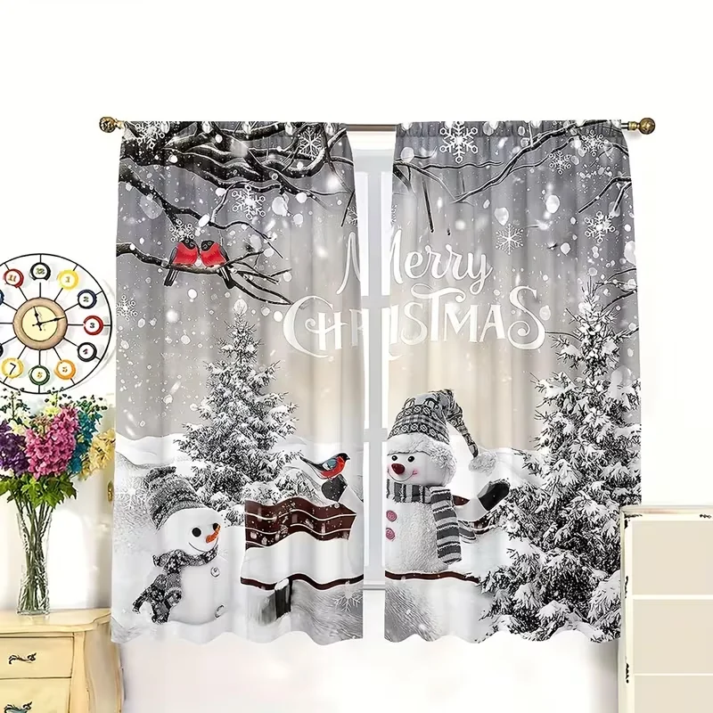 Christmas Holly Tree with Pine Tree and Snowman Pocket Rod Curtains, Thinner Semi-Transparent Suitable for Living Room Curtains