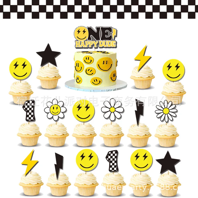 해피 듀드 옐로우 웃는 얼굴 테마, 생일 파티 장식, 깃발 배너, 번개 삽입