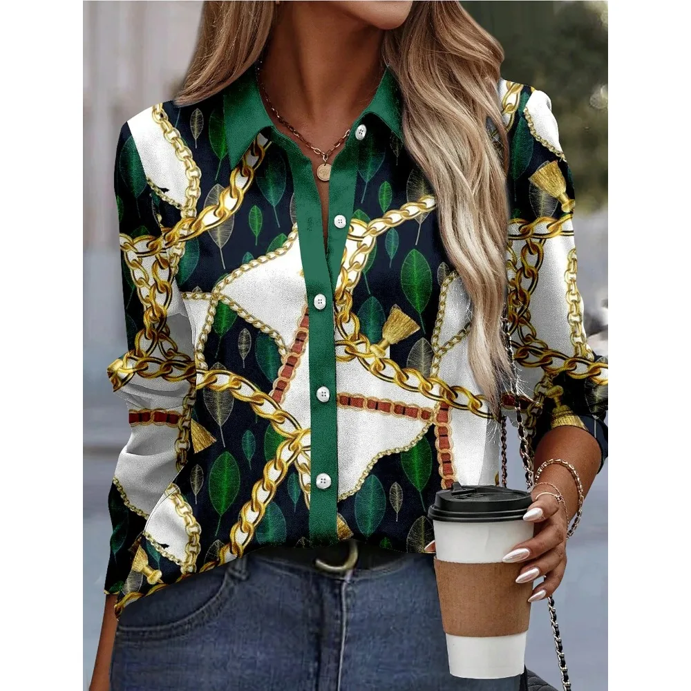 New Funny Ladies Clothing Casual Long Sleeve Shirt V Neck Loose Spring and Autumn Green Chain Print Loose Plus Size Womens Shirt