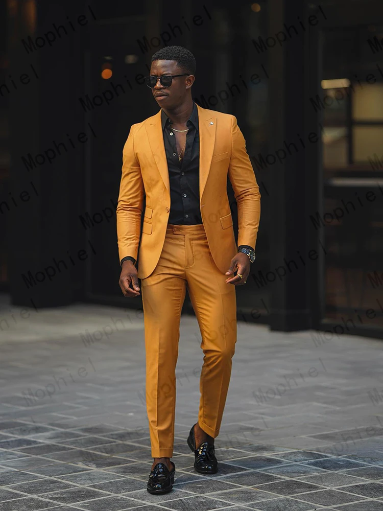 Mustard Yellow Men Suits 2Pcs Tuxedo Slim Fit Single Breasted Notched Lapel Cropped Pants for Wedding Prom Party Business Blazer view 6
