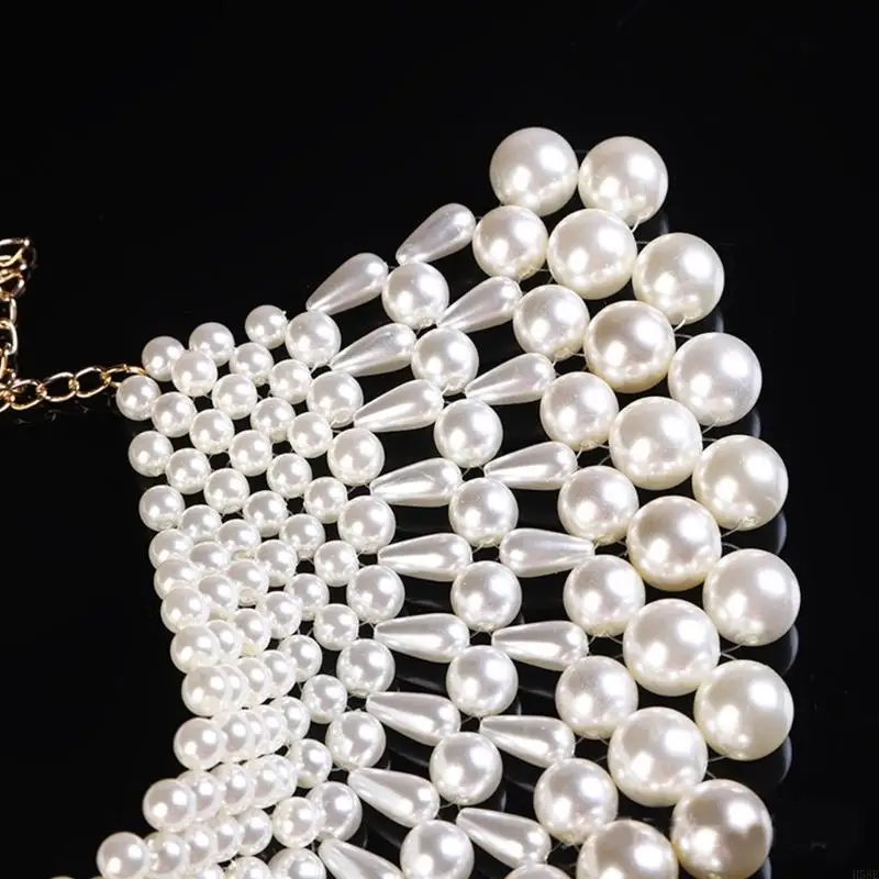 H58E Wedding Dress Statement Decorative Necklace Fanshaped Irregular Faux Pearl Beading Bib Choker Collar Jewelry Shawl