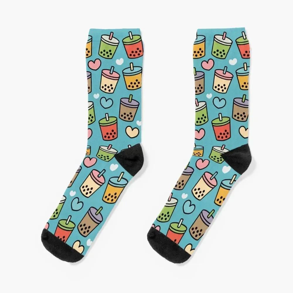 Cute Bubble Tea Flavors and Hearts Pattern Socks New year's Crossfit Socks Man Women's