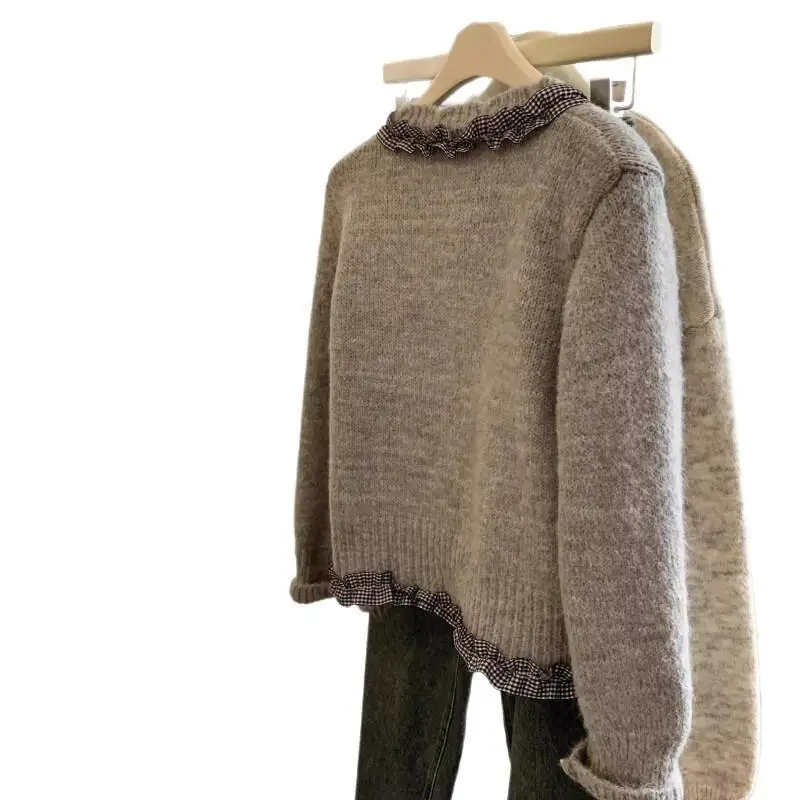 knitted tops Hot Style Fashion Gray design Korean plaid collar bow sweater cardigan women's spring age-reducing temperament