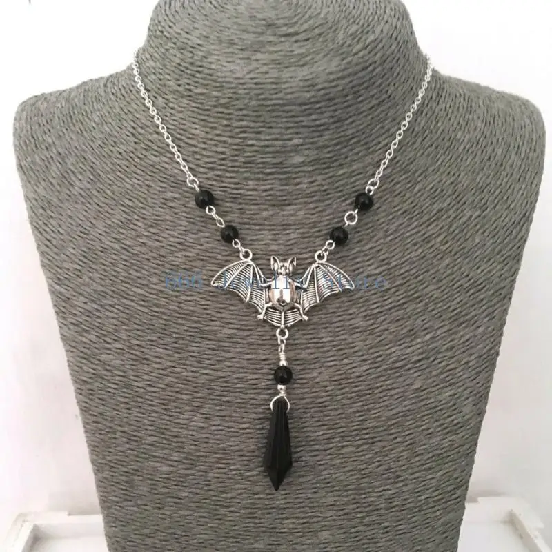 F2TD Bat Charm Necklace for Women and Men, Gothic Statement Jewelry with Black Beads and Drop Pendant, Adjustable Chain for