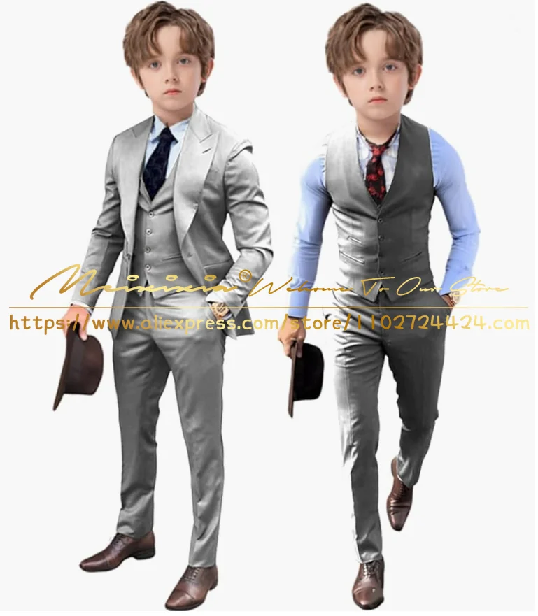 Beige Kids Tuxedo Suits for Boys Slim Fit Flower Boys 3 Piece Wedding Prom Blazer Vest Pants Sets Child Costume