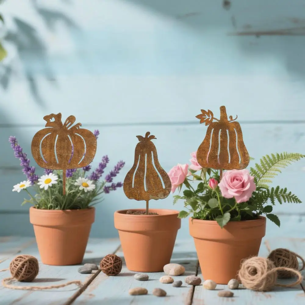 Outdoor Metal Pumpkin Garden Stake Rusty Autumn Decoration Yard Ornament Decorative Plant Lawn Art Accessory Piece