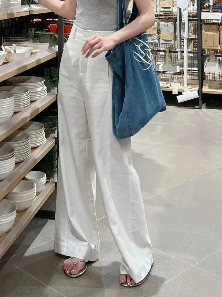 Summer Casual Loose Student White Women Straight Leg Pants New Korean Women's Fashion High Waisted Cotton Linen Wide Leg Pants
