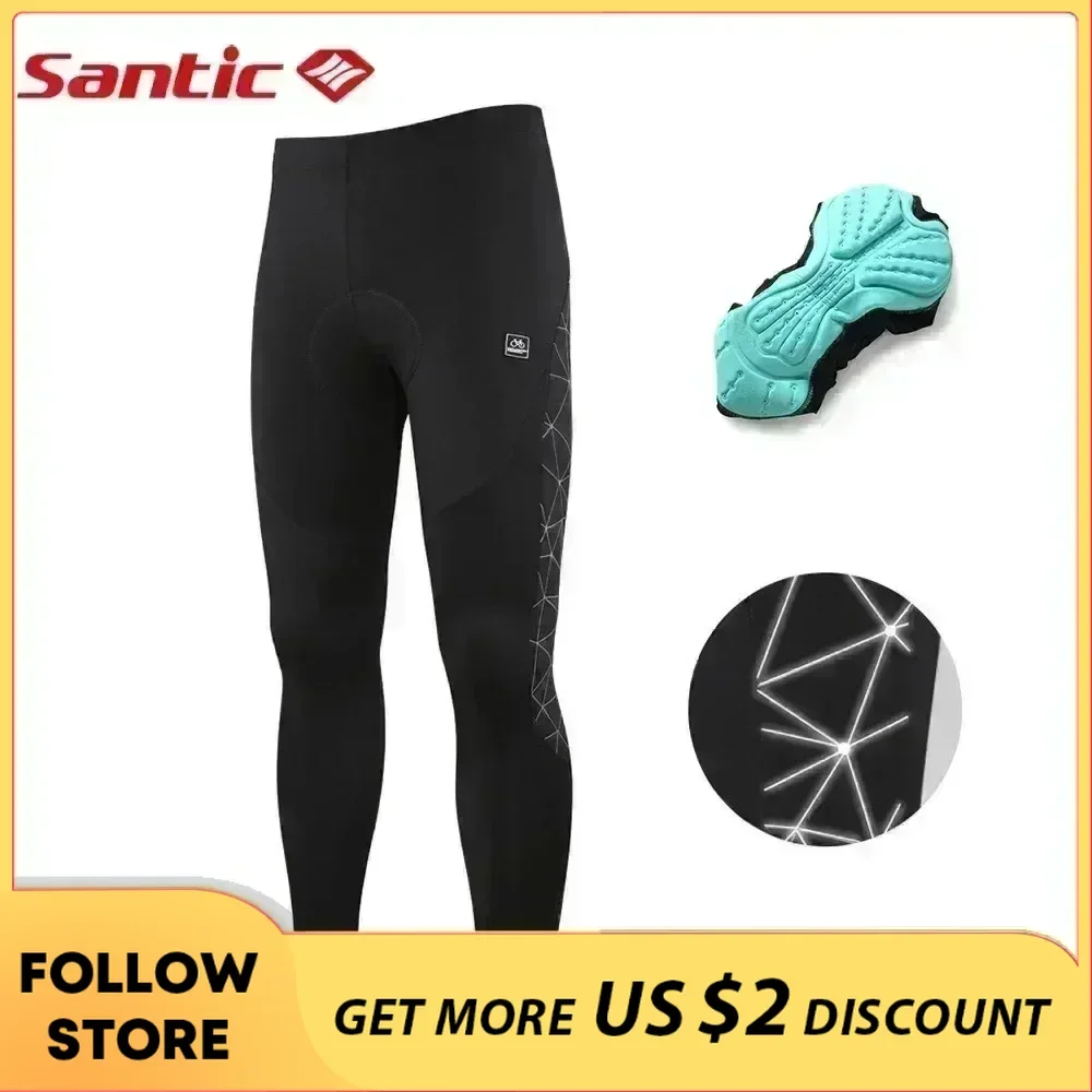 Santic – pantalon de cyclisme en polaire thermique 4D rembourré, collants longs réfléchissants, pantalon de sport, taille asiatique