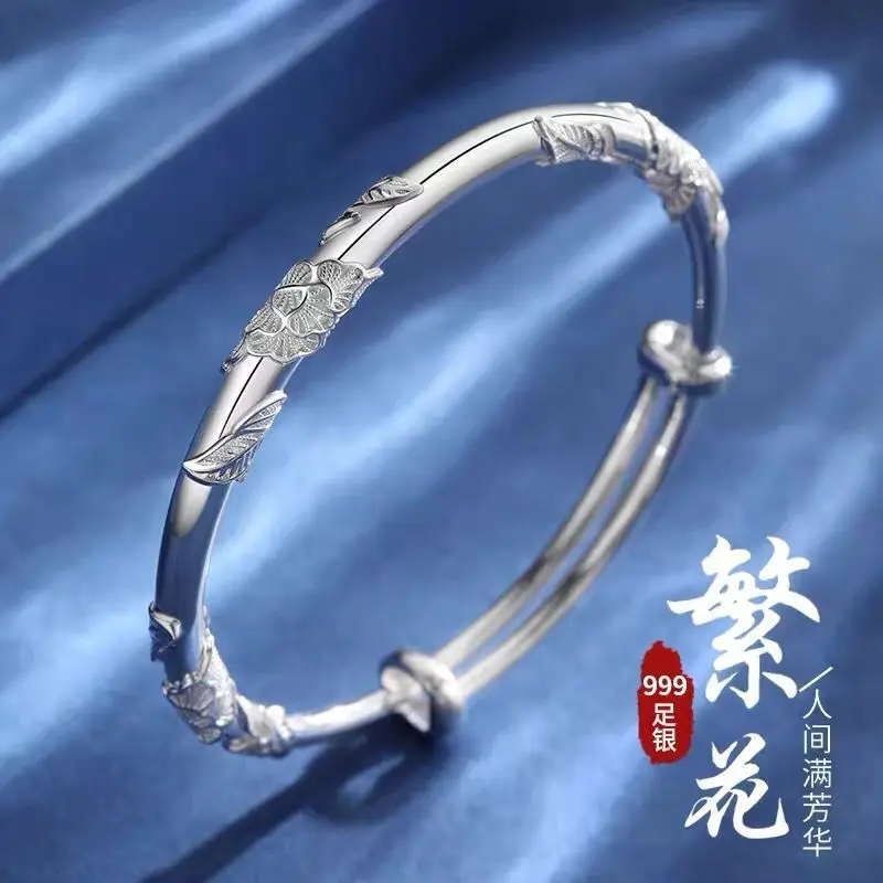 

999 Floral Silver Women'S Push-Pull Style Solid Engraved Bracelet